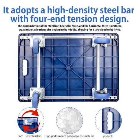 Underside view of foldable push cart dolly showing steel bar design, 360° swivel wheels, and handles for lifting and storage.