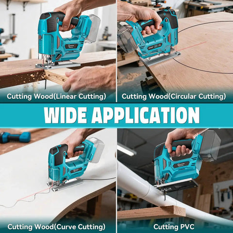 Cordless Jigsaw With Laser Guide For Makita 18V Battery cutting wood and PVC, demonstrating its versatility and precision cutting capabilities.