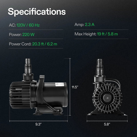 VIVOSUN 4500 GPH submersible water pump, 220W, black plastic body; 9.3 in L x 5.8 in W x 11.5 in H, 19 ft lift