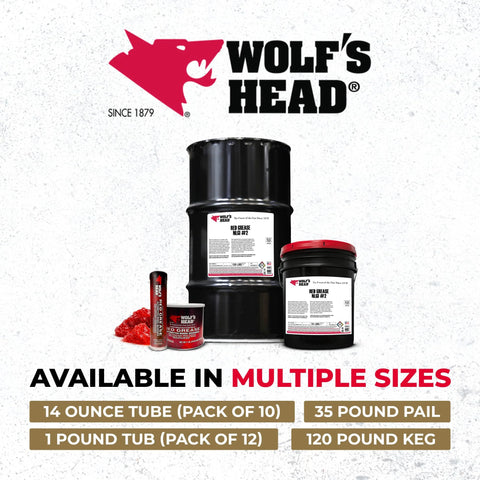 Wolf’s Head Red Grease NLGI #2, 14 oz tubes, pack of 10; large black drum and red-lid bucket displayed
