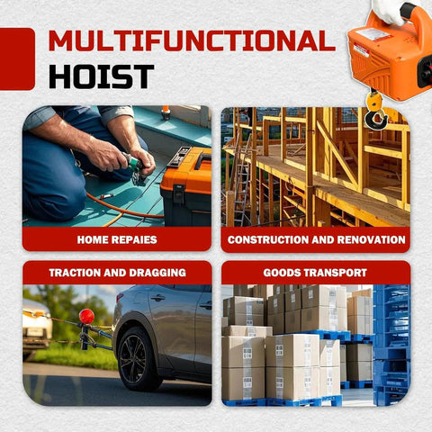3 In 1 Portable Winch 1100 Lbs 1500W With Manual Wireless And Wired Remote showing multifunctional uses including home repairs and construction.