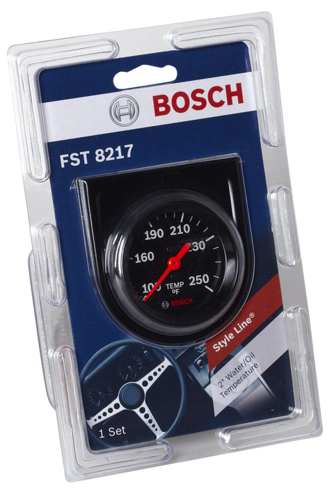 Bosch Style Line 2-inch mechanical water/oil temperature gauge with black dial and black bezel in packaging