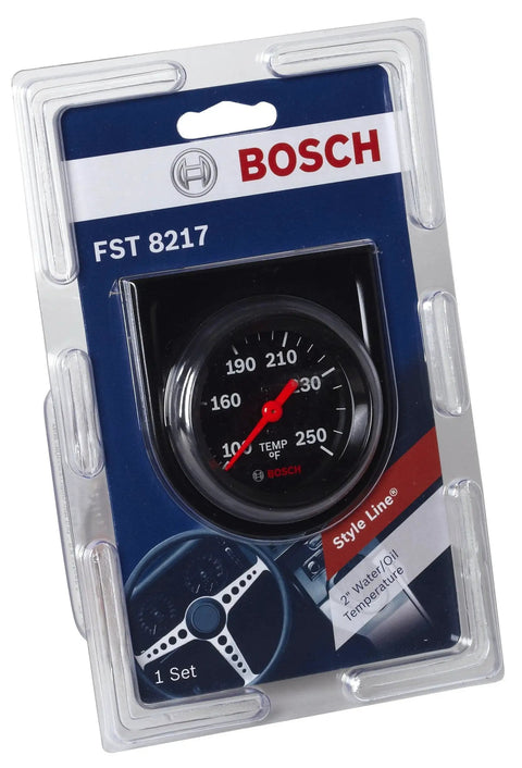 Front view of Style Line 2 Inch Mechanical Water And Oil Temperature Gauge With Black Dial Face And Black Bezel, 100 To 250 Fahrenheit, 270 Degree Sweep, 12 Volt Internal Back Lighting, Mounting Hardware Included For 2 And 1 Sixteenth Inch Openings For Cars And Boats in packaging.
