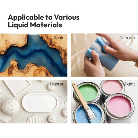 Image showing resin art, silicone mold making, plaster casting, and paint with text 'Applicable to Various Liquid Materials'.