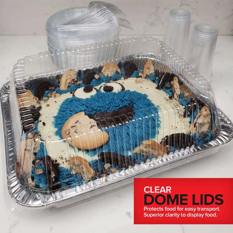 Heavy Duty 9x13 Aluminum Baking Pan With Lids 10 Pack Built Tough Durable Rectangular Tray For Lasagna And More Clear Dome Cover Keeps Your Food Fresh, showcasing a decorated cake with the lid secure.