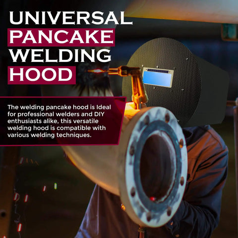 Ultralight Pancake Welding Hood With 10oz Carbon Fiber Panels in use for pipeline welding, showcasing durable and lightweight design.