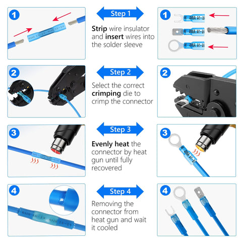 Kuject 320-piece heat shrink wire connectors kit instruction diagram showing Step 1–4: strip wires, crimp, heat, cool.