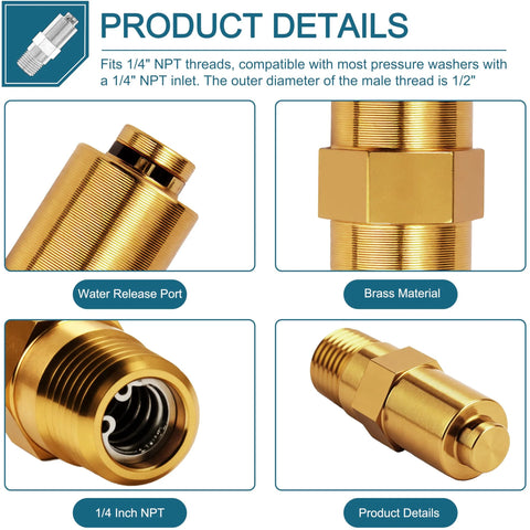 Brass thermal relief valve, 1/4 in NPT, replacement for Simpson pressure washer pumps, shown from multiple angles