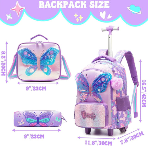 Girls Rolling Backpack With Wheels For Kids Ages 5 To 12, 3D Butterfly Design, Meetbelify School Roller Backpack Set