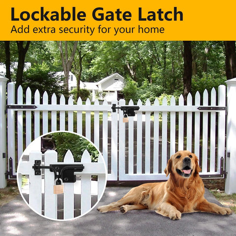 Heavy Duty Slide Bolt Gate Latch With Padlock Hole, installed on white wooden fence gate, shows outdoor secure use.
