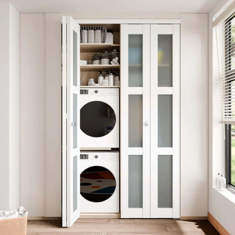 Preassembled 60x80 White Bifold Closet Doors For Pantry With Concealed Hardware Kit Waterproof PVC Surface Scratch Resistant And Easy To Clean MDF Build Frosted Look Double Door Barn Style Bifold For Indoor Use installed in laundry room