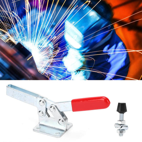 Close-up of Beefy 182kg Toggle Clamps Two Pack Anti Rust Alloy Steel Horizontal Hold Downs with welding sparks in background.