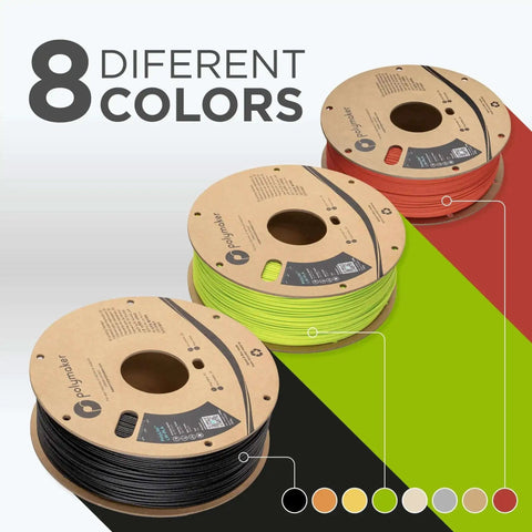 Three spools of 1.75mm PLA filament in red, green, and black on a cardboard reel, showcasing 8 different colors.