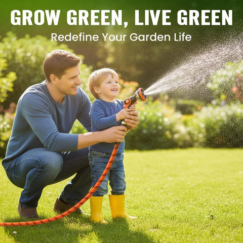 Garden hose with orange spray nozzle on a green lawn, adult and child watering together