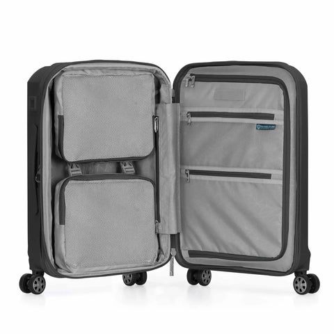 Interior view of Pagosa Hardside Carry-On Luggage with 2-inch expandable gusset, indestructible polypropylene shell, showcasing compartments.