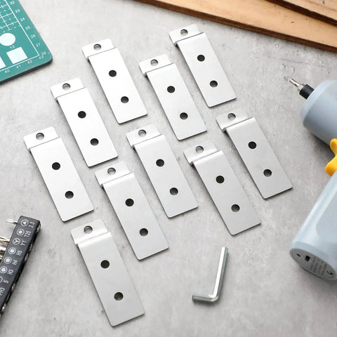 Slatwall Metal Plate Mount Backplate Adapter 10 Pack for Heavy Duty Slatwall Displays with Three Pre Drilled Holes on table