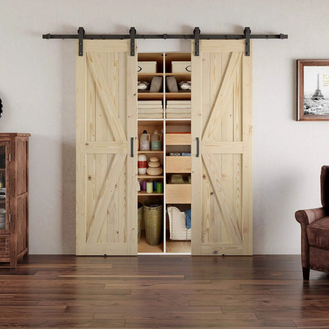 56 X 84 Inch Solid Wood Panelled Barn Door Set With Heavy Duty Sliding Hardware Kit For Two Doors Unfinished Surface Ready To Stain DIY Friendly Assembly Fits 52 To 54 Inch Wide Openings