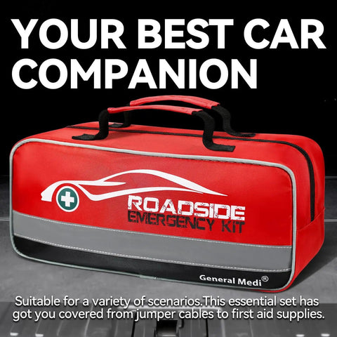 Image of the Essential 127-Piece Car Emergency Kit With Mini First Aid Kit with red roadside emergency bag for car readiness.