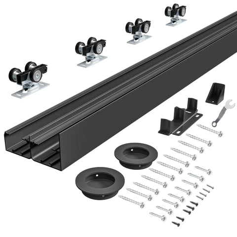 4 Ft Bypass Door Hardware Kit For Closet Doors, Top Mounted Track System In Black, Heavy Duty Aluminum, shown with components