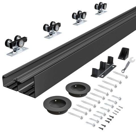 6Ft Bypass Closet Door Hardware Kit Top Mounted Track System Heavy Duty Aluminum Smooth Quiet Sliding For Two Doors, Black Finish
