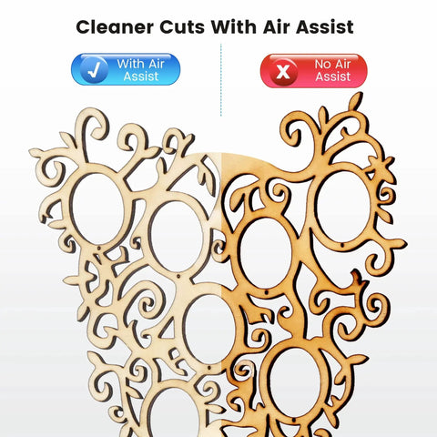 Wooden cutout comparison showing effects of Air Assist Pump Kit For Laser Cutter, Engraver, And CNC Systems With Adjustable 30 LPM Flow