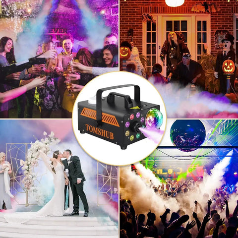 Powerful 600W Fog Machine with Disco Ball and 13 Color LED Lights at parties, wedding, and DJ events, creating big party vibes.