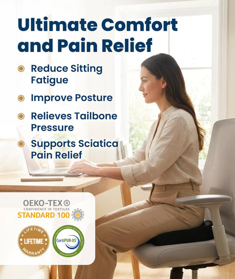 Doctor Recommended Memory Foam Seat Cushion For Office Chairs And Cars, Ergonomic Tailbone Pain Relief, Sciatica Support, Large Black Cushion For Long Hours At Work Or Travel, woman sitting on an office chair.