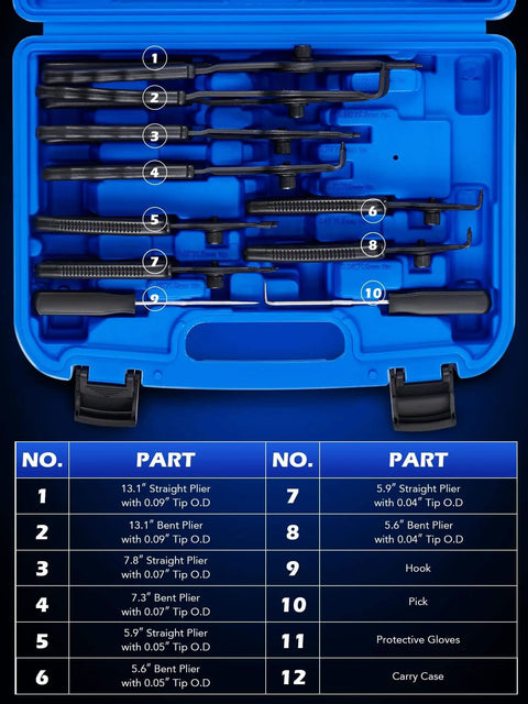 10 Piece Snap Ring Pliers Set For Internal And External Circlips With Bent And Straight Pliers Hook Pick in blue storage case.