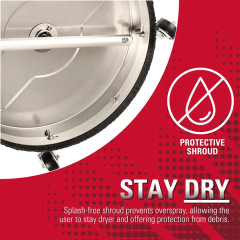 Close-up of Universal 16.5 Inch Pressure Washer Surface Cleaner Stainless Steel with protective shroud for driveways and patios.