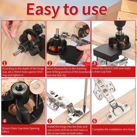 Step-by-step guide using 35mm Concealed Hinge Jig For Cabinets Aluminum Alloy Construction with 2 Quick Clamps.