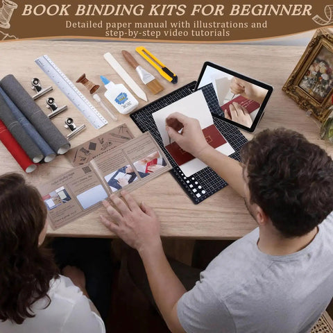 People using All In One 145Pcs Book Binding Kit with A5 Paper And Tools, including needles, thread, awl, ruler on table.
