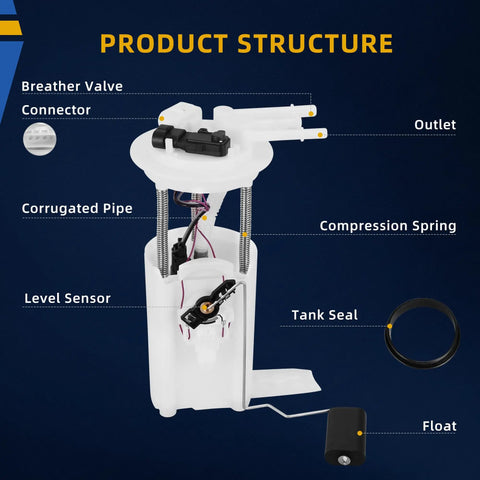 Product structure of drop in replacement in tank fuel pump for 2000 2005 Chevy Impala Monte Carlo Buick Century Regal Oldsmobile Intrigue Pontiac Grand Prix V6 engines 3.1L 3.4L 3.5L 3.8L showing parts labeled