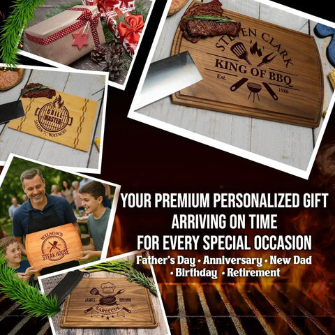 Collage of personalized engraved cutting boards for BBQ lovers, featuring various designs and gift ideas for dads and grandpas.