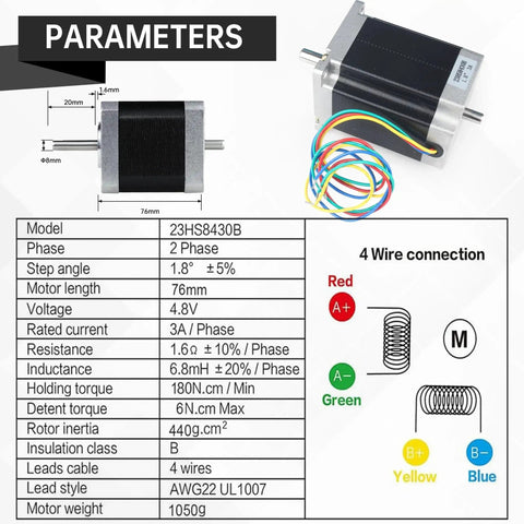 Dual Shaft Nema 23 Stepper Motor 270 Oz In Torque 76mm Size 1.8 Degree Step 3A Current With Four Lead Wires diagram