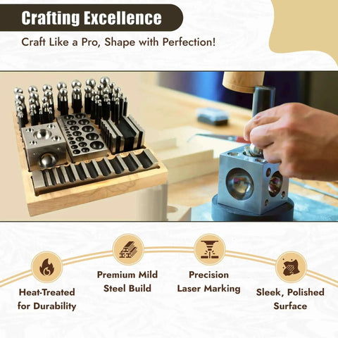 Workhorse Doming Block And Punch Set For Jewelry Making 41 Piece Dapping Kit with steel block and wood base in use
