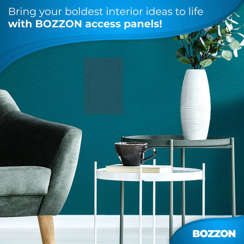 Access panel for drywall, 6 x 9 inch insulated plastic rectangular cover on teal wall; Bozzon display