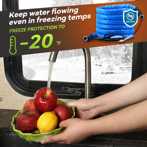 RVMATE heated water hose, 35ft blue coil with thermostat, RV kitchen sink with running water