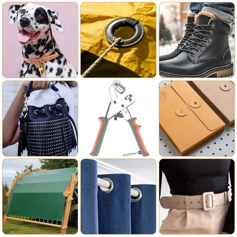 Heavy Duty Grommet Tool Kit With 6mm, 10mm And 12mm Hole Punch, 600 Metal Grommets And Eyelets, Pliers And Dies Included For Canvas Tarp Leather Curtains And DIY Repair, shown with various applications