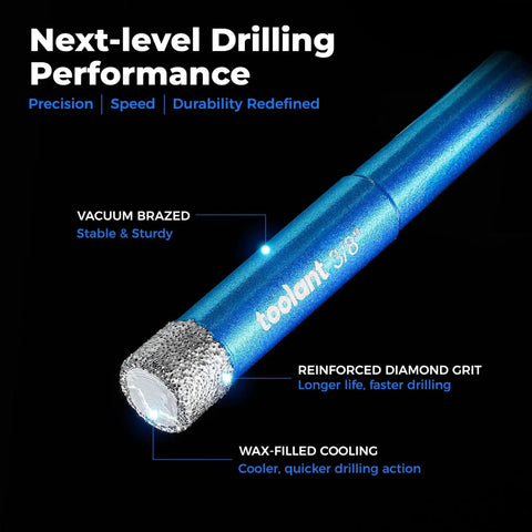 Close-up of Toolant diamond drill bit for ceramic, glass, and granite with wax lubrication, featuring 3/8 inch size and reinforced grit.