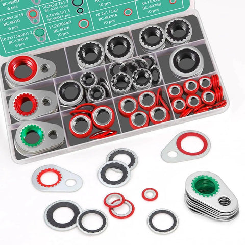 Premium 95 Piece AC Compressor Gasket Seal Kit With 12 Sizes for Automotive Air Conditioning Systems displayed in an open case