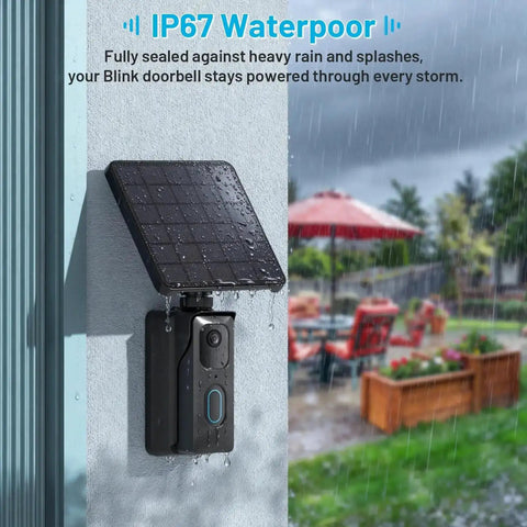 13200mAh Solar Charging Base Station for Blink Doorbell 2nd Gen mounted outdoors in rain, IP67 waterproof panel visible.