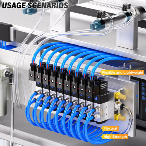Pneumatic blue PU air hose kit with 6mm OD and 4mm ID, 10m length, shown connected to a multi-valve manifold