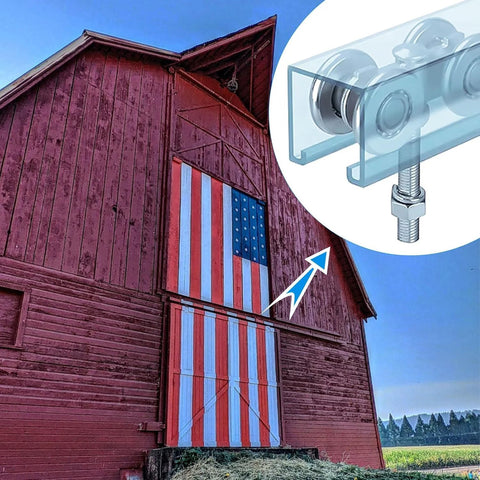 Two Pack Track Roller Wheels For Beam Trolley System on barn door with USA flag, heavy duty steel bearings, close-up inset showing wheels.