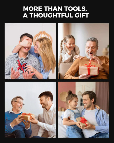 Collage of families exchanging gifts, with a focus on tool sets as presents.