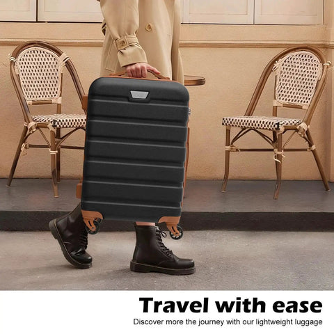 Person transporting lightweight 3 piece hardside luggage with easy glide spinner wheels and TSA lock, features durable ABS material, Coolife.