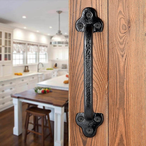 Rustic 9 Inch Cast Iron Sliding Barn Door Handle 2 Pack Black Vintage Gate Pull on wood door, kitchen view