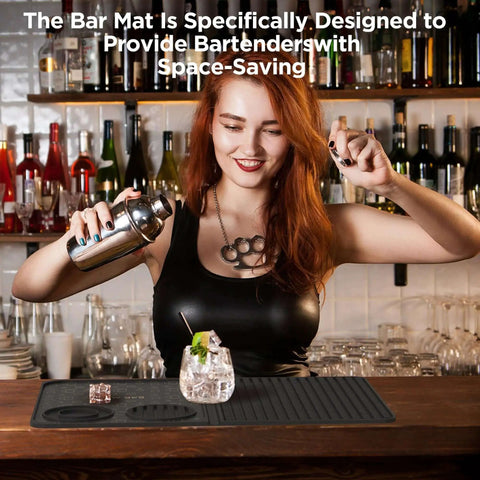 Woman using Multifunctional Folding Bar Mat for Home Bars and Travel Silicone Cocktail Prep Mat With Cutting Board Drip Tray