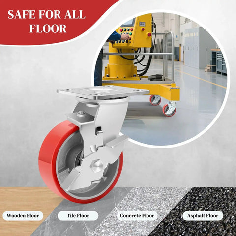 5 Inch Industrial Casters with low noise polyurethane wheels on steel hubs, swivel plate, for all types of floors in industrial settings.