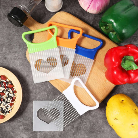 Four Piece Onion Holder And Slicer Set For Safe Mess Free Prep, Stainless Steel Onion Cutter Chopper with colored handles on cutting board