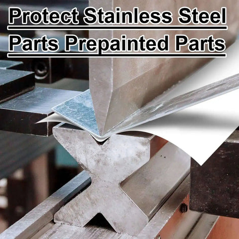 Urethane Press Brake Die Protection Film Roll Protects Dies From Scratches And Dents During Metal Bending On Stainless Steel And Aluminum Four Inch Wide Twelve Thousandths Inch Thick One Hundred Foot Long in use during metal bending process